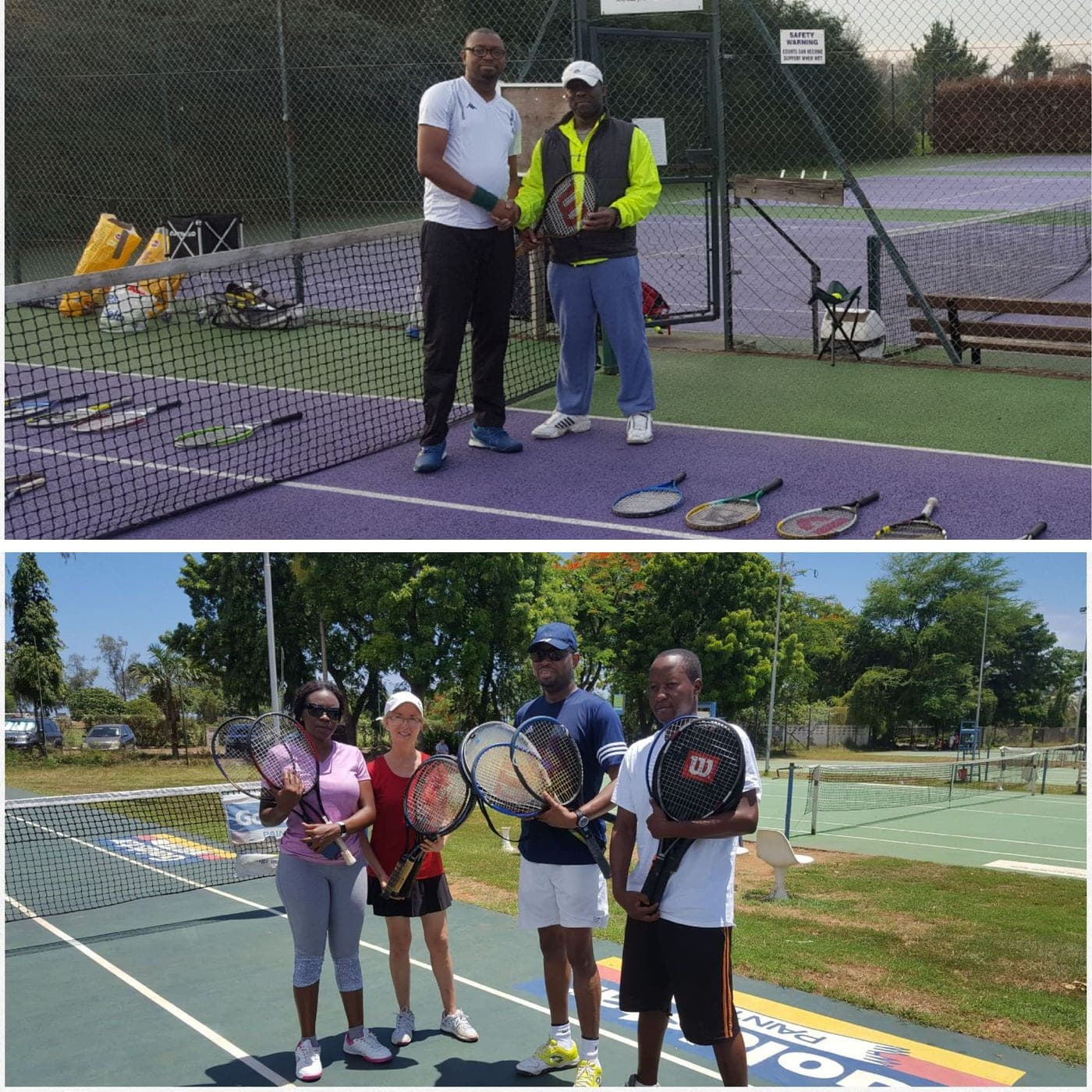 The first donated racquets being handed over on court at the Dar es Salaam Gymkhana Club, and players with their new racquets